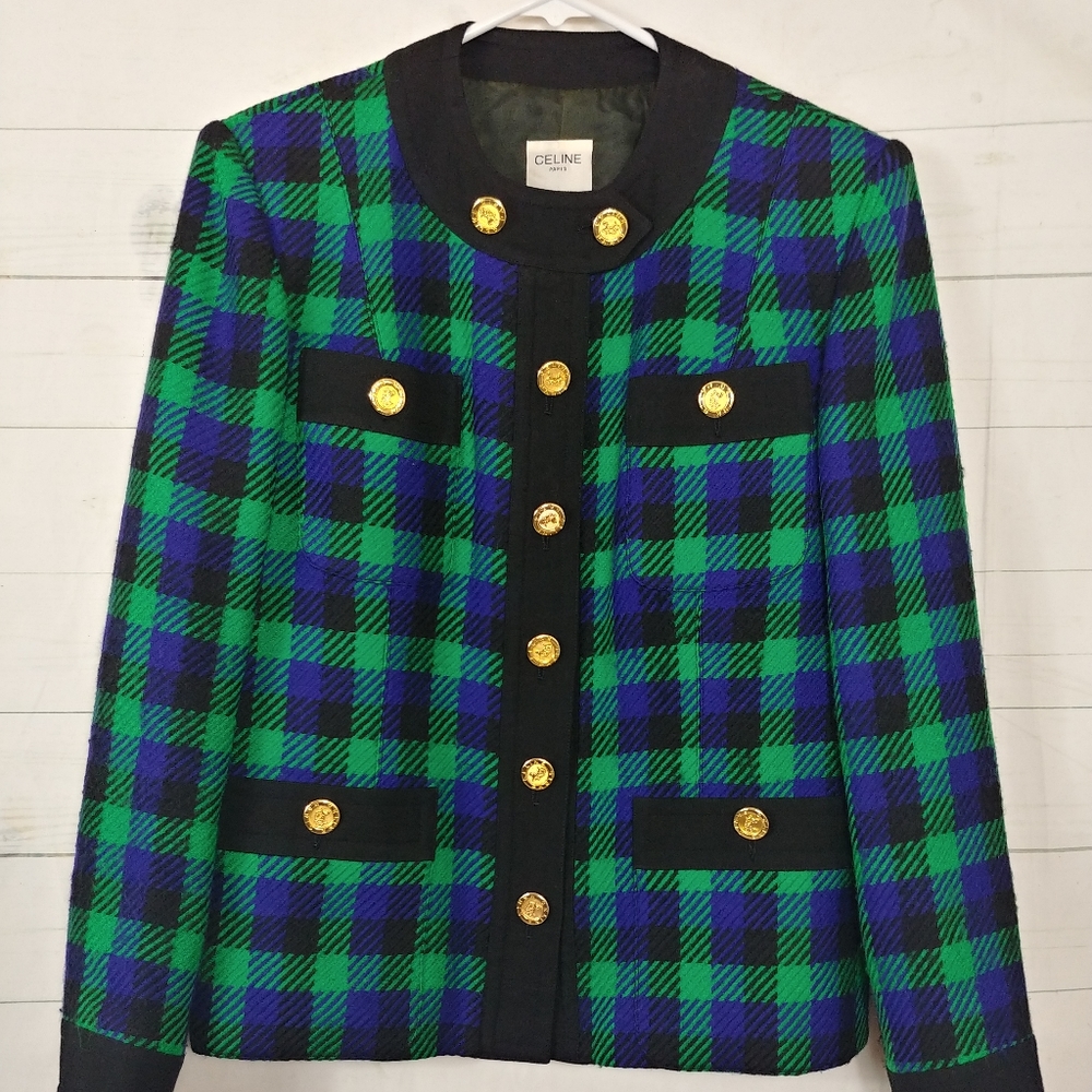 Vintage Celine of Paris Wool Plaid Blazer Size 40 (Us 6) Blue Green Rare!